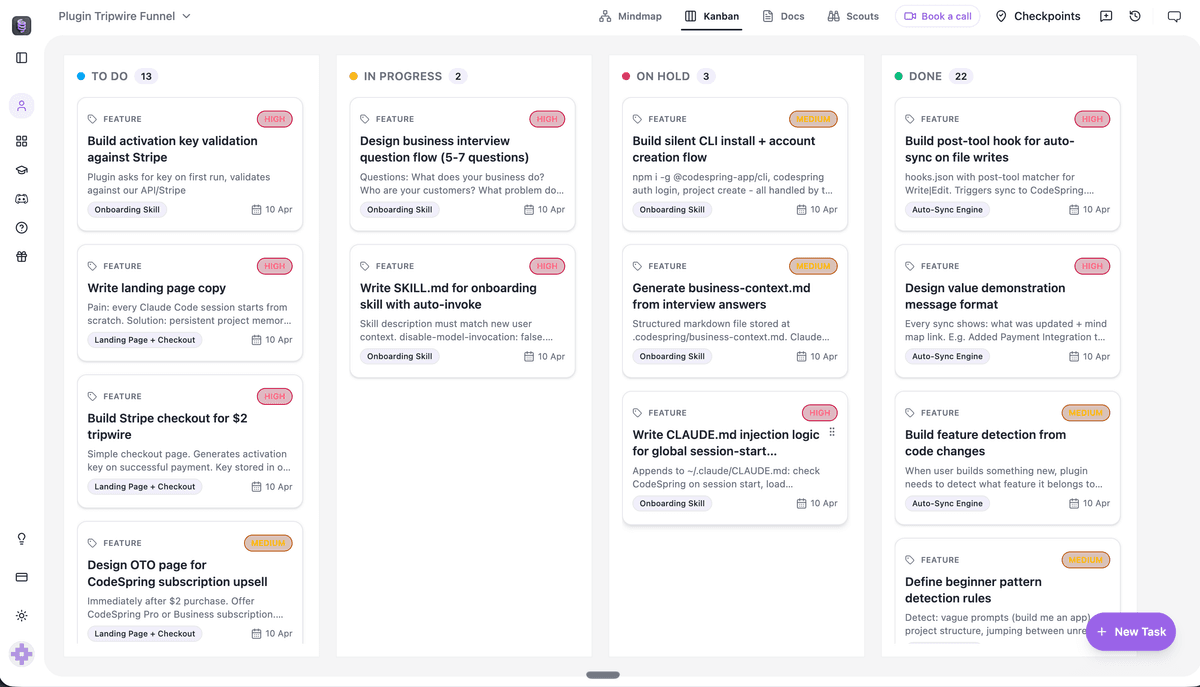 CodeSpring Kanban board with AI tasks shipping