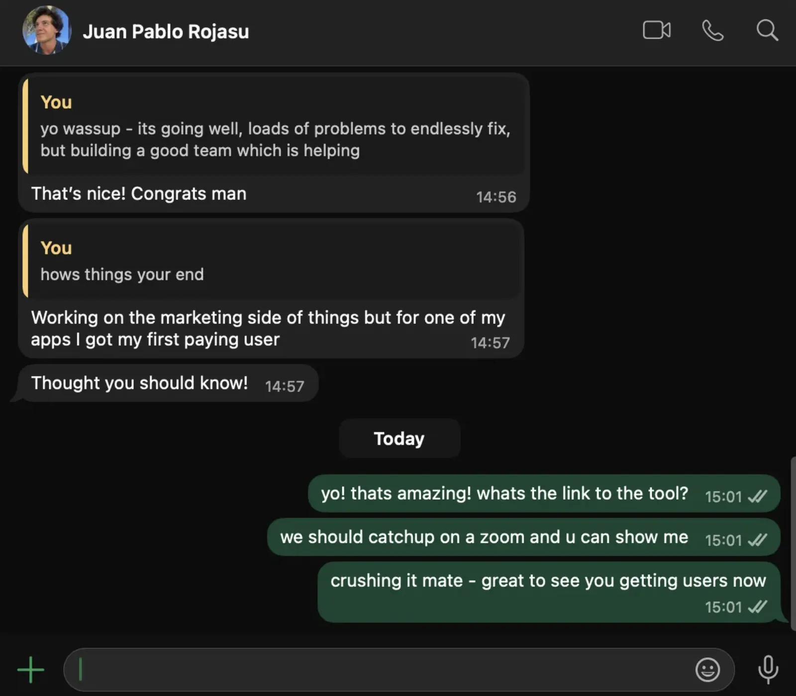 Juan Pablo sharing news of his first paying app user