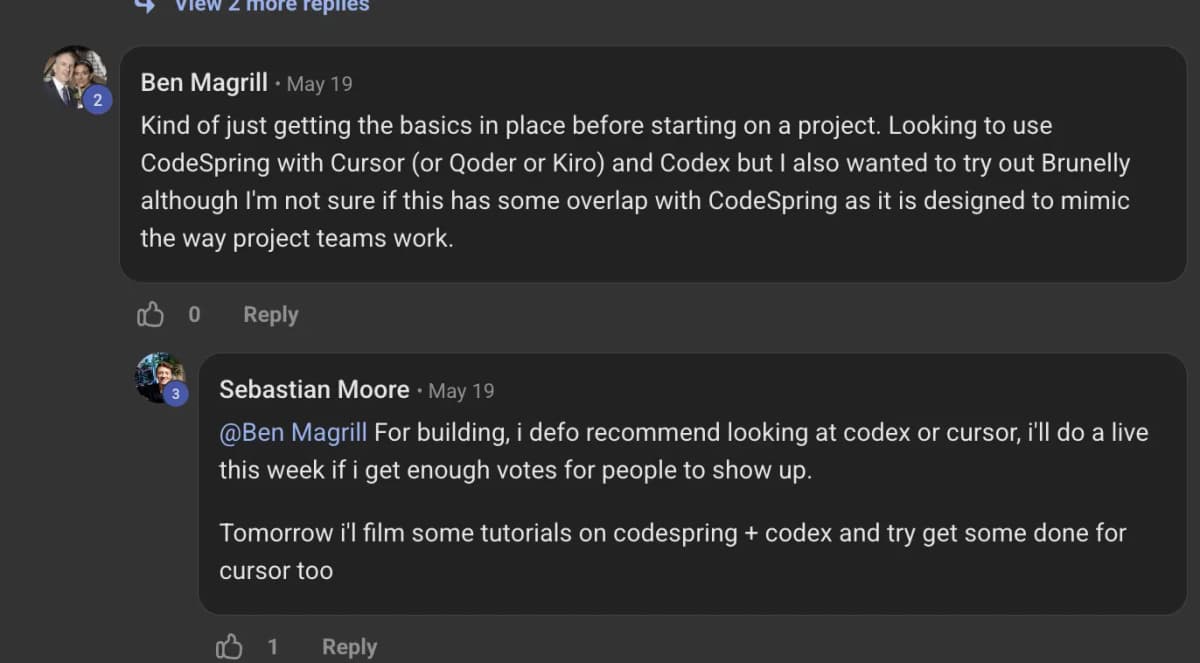 Ben describing his CodeSpring app-building workflow