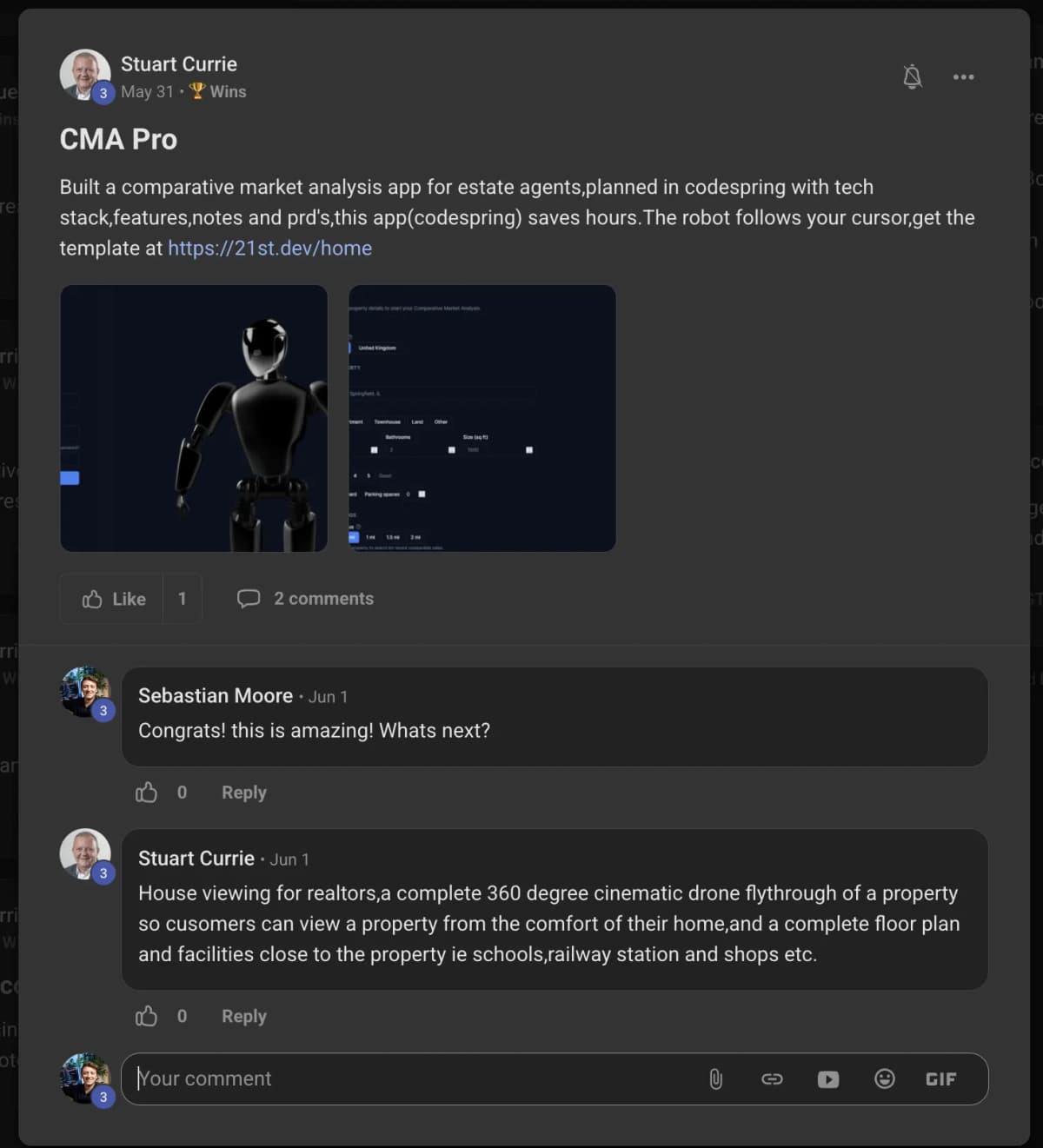 Stuart saying CodeSpring saved hours while planning his app